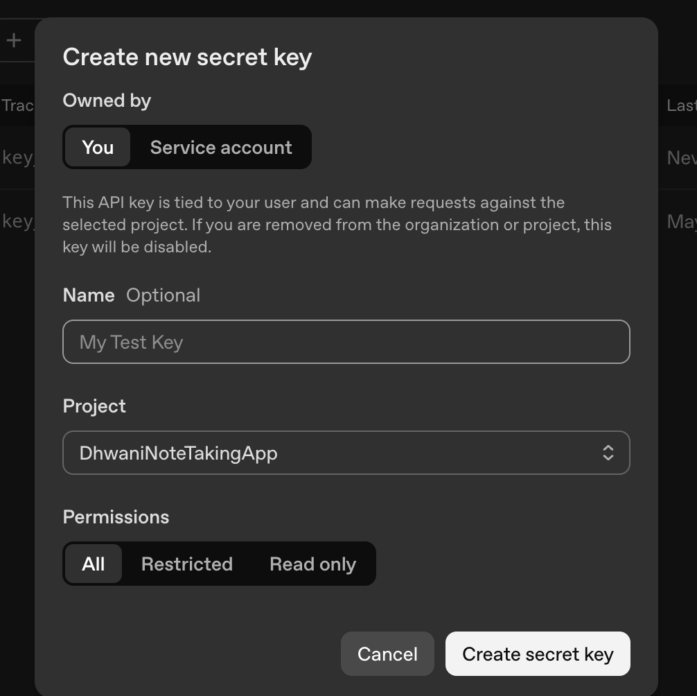 Create Key Dialog